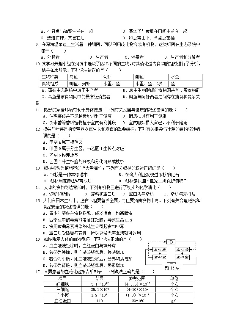 2021年广东省清远地区中考第二次模拟考试生物试题02