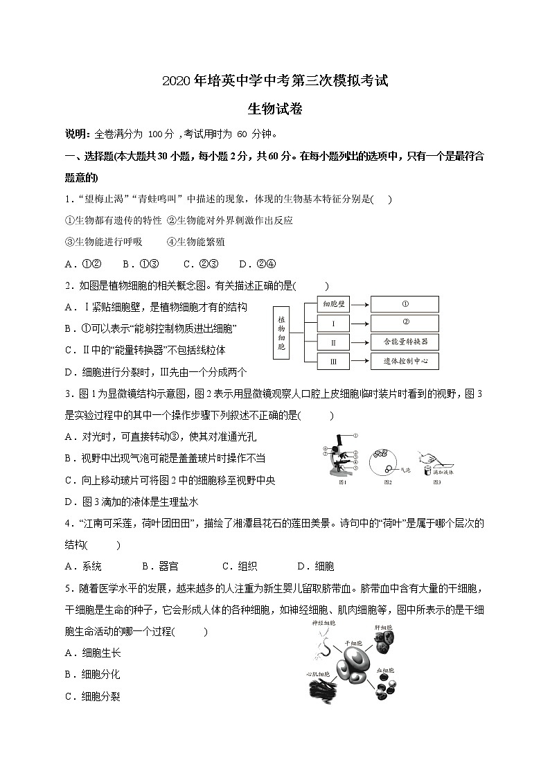 广东省东莞市长安培英初级中学2020届九年级中考第三次模拟考试生物试题01