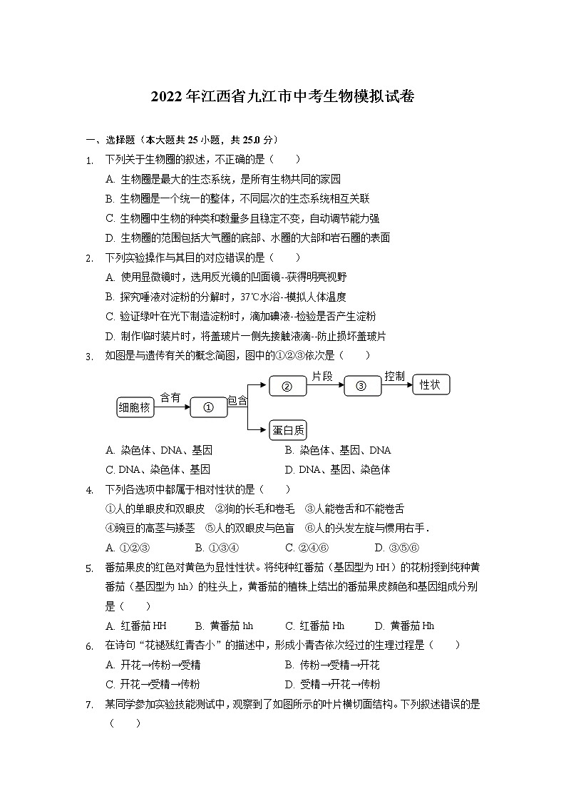 2022年江西省九江市中考生物模拟试卷+第1页