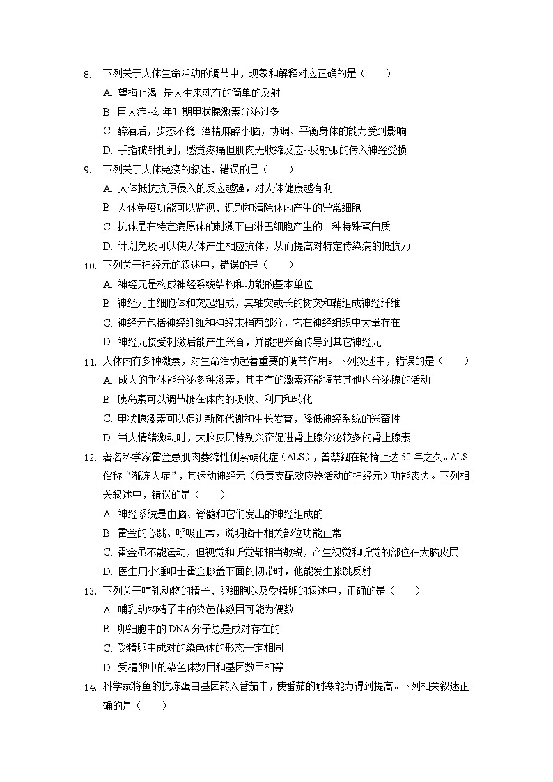 2022年重庆市开州区六校中考模拟生物试卷（一）第2页