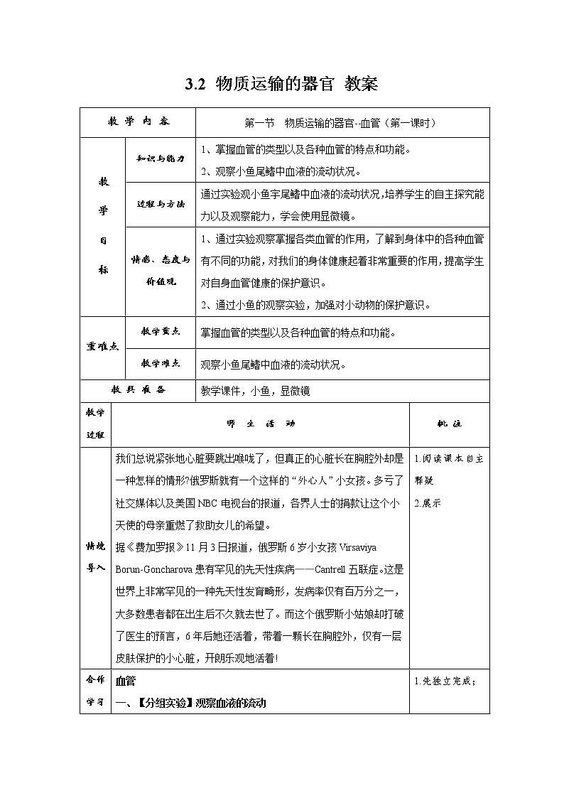 3.2 物质运输的器官（课件+教学设计+练习+学案）01