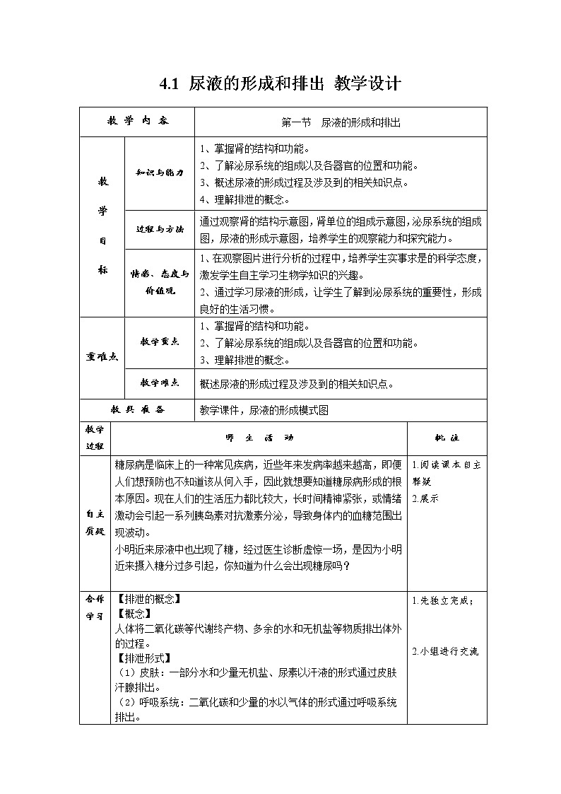 4.1 尿液的形成和排出 教学设计第1页