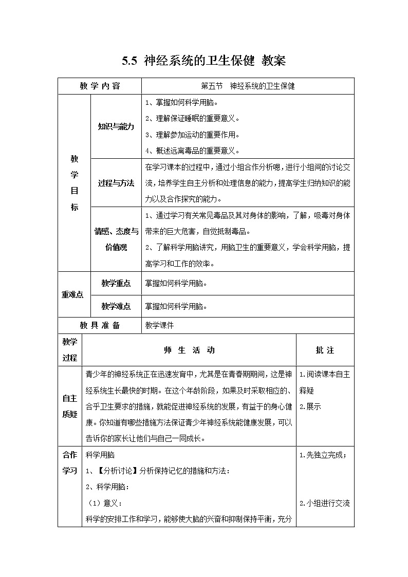 5.5 神经系统的卫生保健 教案第1页