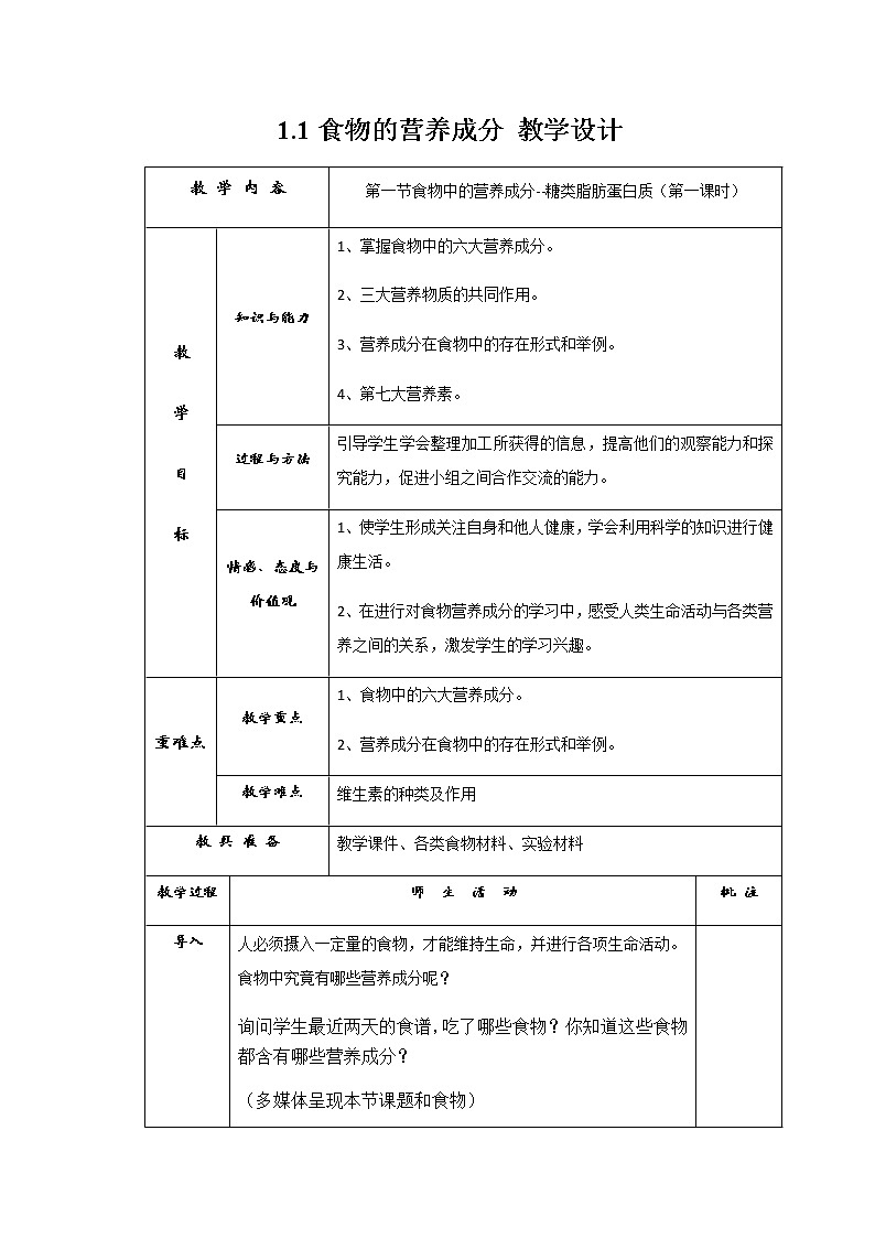 1.1 食物的营养成分（课件+教学设计+练习+学案）01