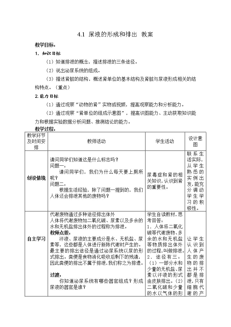 4.1 尿液的形成和排出（课件+教案+练习+学案）01