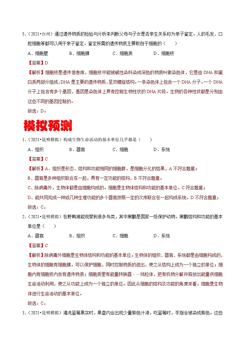 考点06 细胞的生活- 《三步冲刺中考 生物》之第1步小题夯基础第3页