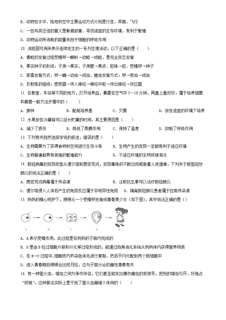 2022年河南省南阳市唐河县八年级中考一模生物试题(word版含答案)第3页