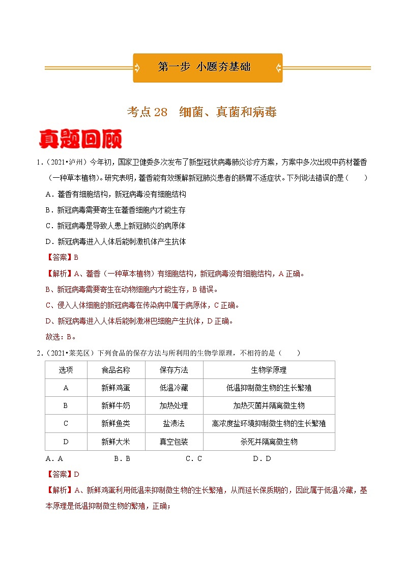 考点28 细菌、真菌和病毒- 《三步冲刺中考 生物》之第1步小题夯基础第1页