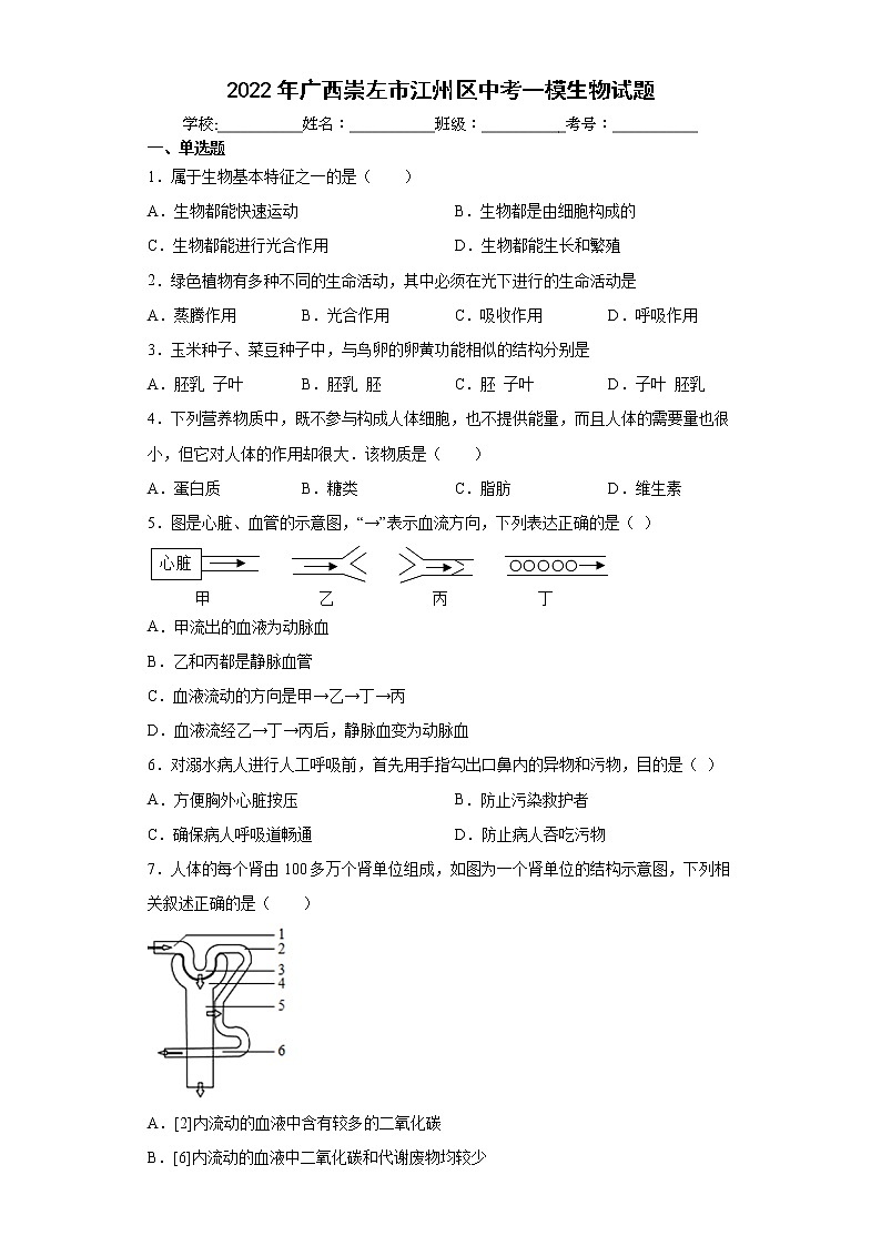 2022年广西崇左市江州区中考一模生物试题(word版含答案)01