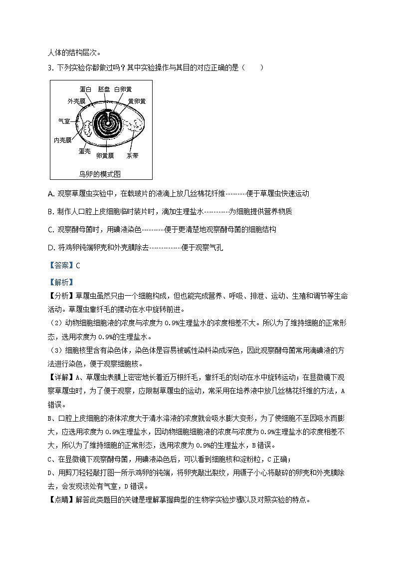 精品解析：2020年山东省泰安市高新区中考二模生物试题（解析版+原卷板）03