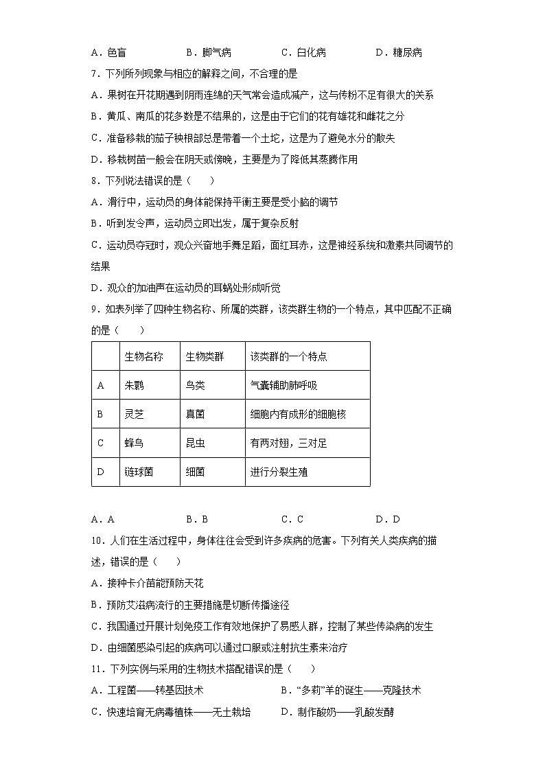 2022年甘肃省定西市中考一模生物试题(word版含答案)02