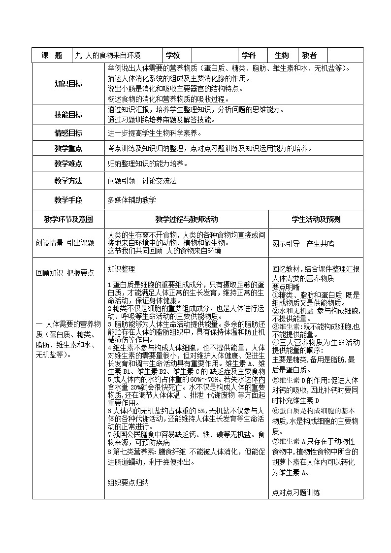 苏教版生物七年级下册 第九章 第二节 人体的消化与吸收(4)（教案）第1页