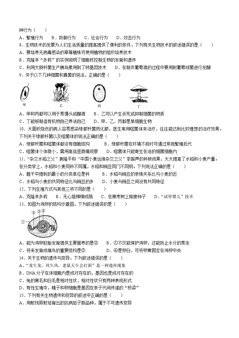 2022年河南省洛阳市汝阳县中考一模生物试题(word版含答案)02