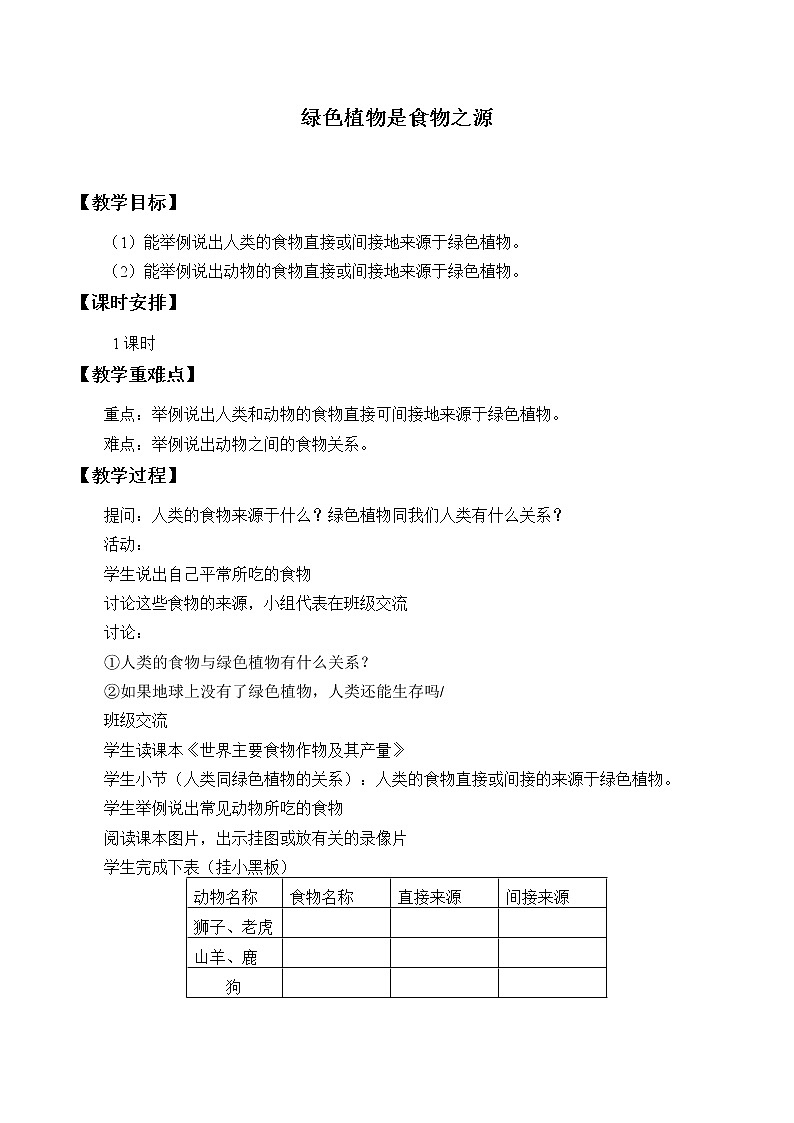 苏教版七年级生物上册 第七章 第一节 绿色植物是食物之源_（教案）01