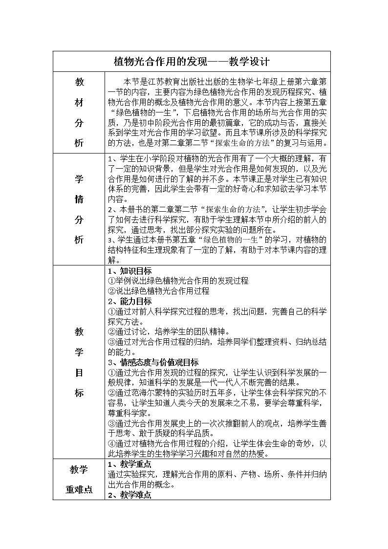 苏教版七年级生物上册 第六章 第一节 植物光合作用的发现(3)（教案）01