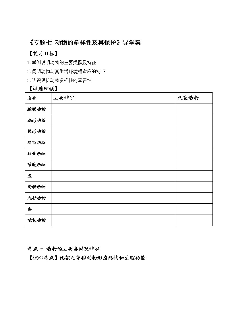 2022年人教版生物中考二轮复习学案-专题七动物的多样性及其保护第1页