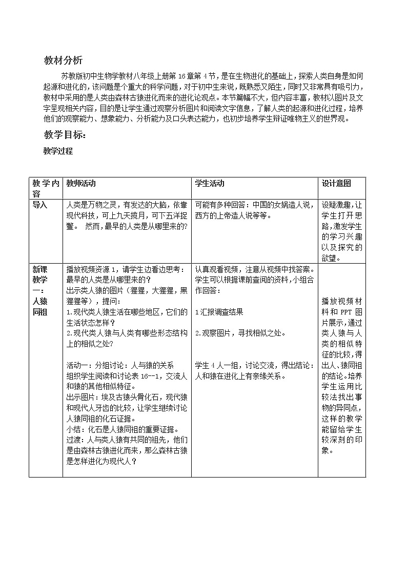 苏教版八年级生物上册 16.4 人类的起源和进化 教案第2页