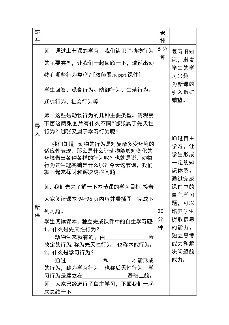 苏教版八年级生物上册 18.2 动物行为的生理基础(1) 教案第3页