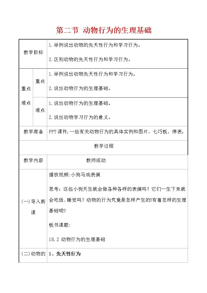 苏教版八年级生物上册 18.2 动物行为的生理基础(4) 教案01