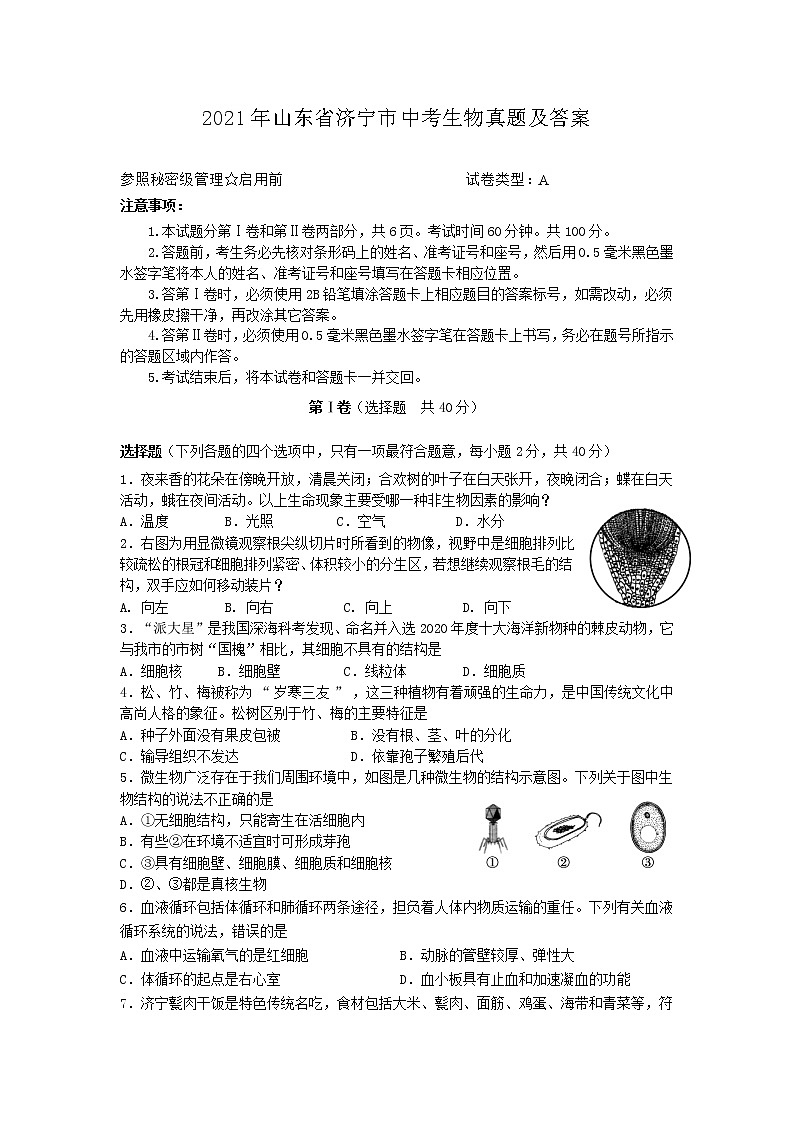 2021年山东省济宁市中考生物真题及答案01
