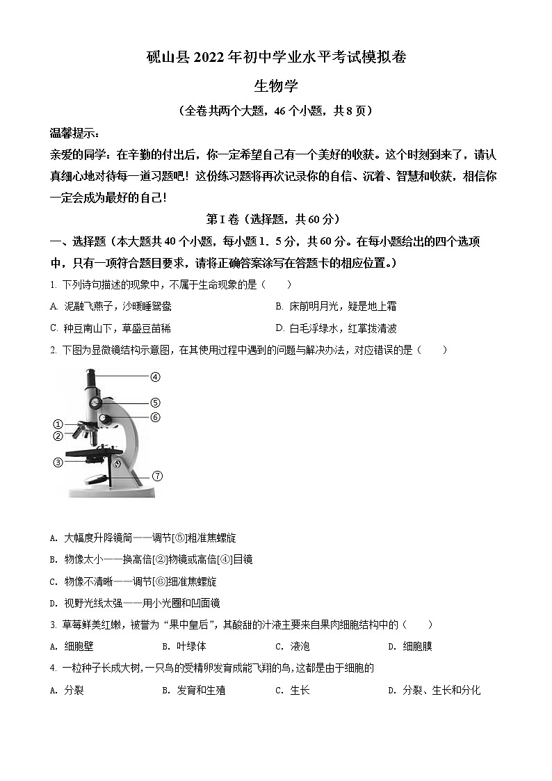 精品解析：2022年云南省文山州砚山县中考一模（解析版+原卷板）01