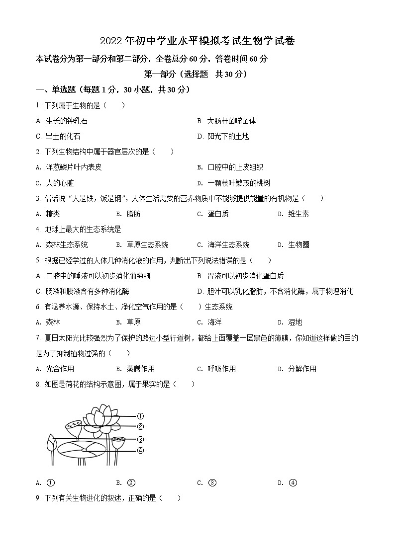 精品解析：2022年陕西省宝鸡市渭滨区中考一模生物试题（解析版+原卷板）01