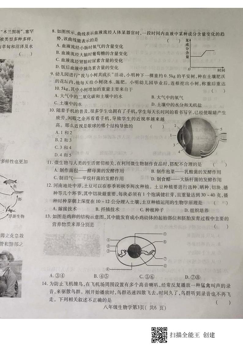 河南省豫中名校2021-2022学年八年级下学期初中学业水平诊断性测试生物试题03