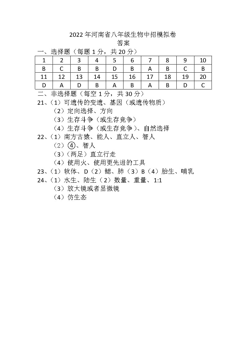 2022年河南省中招模拟生物试卷01