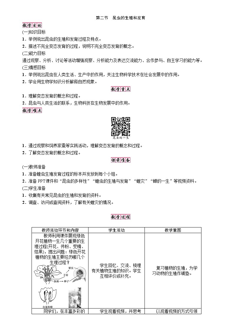 鲁科版（五四制）八年级下册生物 8.1.2昆虫的生殖和发育 教案01