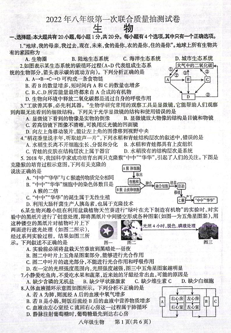 2022年河南省焦作市中考一模生物试题及答案01