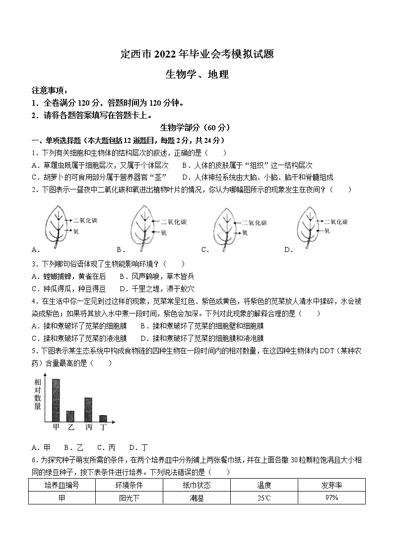 2022年甘肃省定西市毕业会考模拟试题（一模）生物试题(word版含答案)01