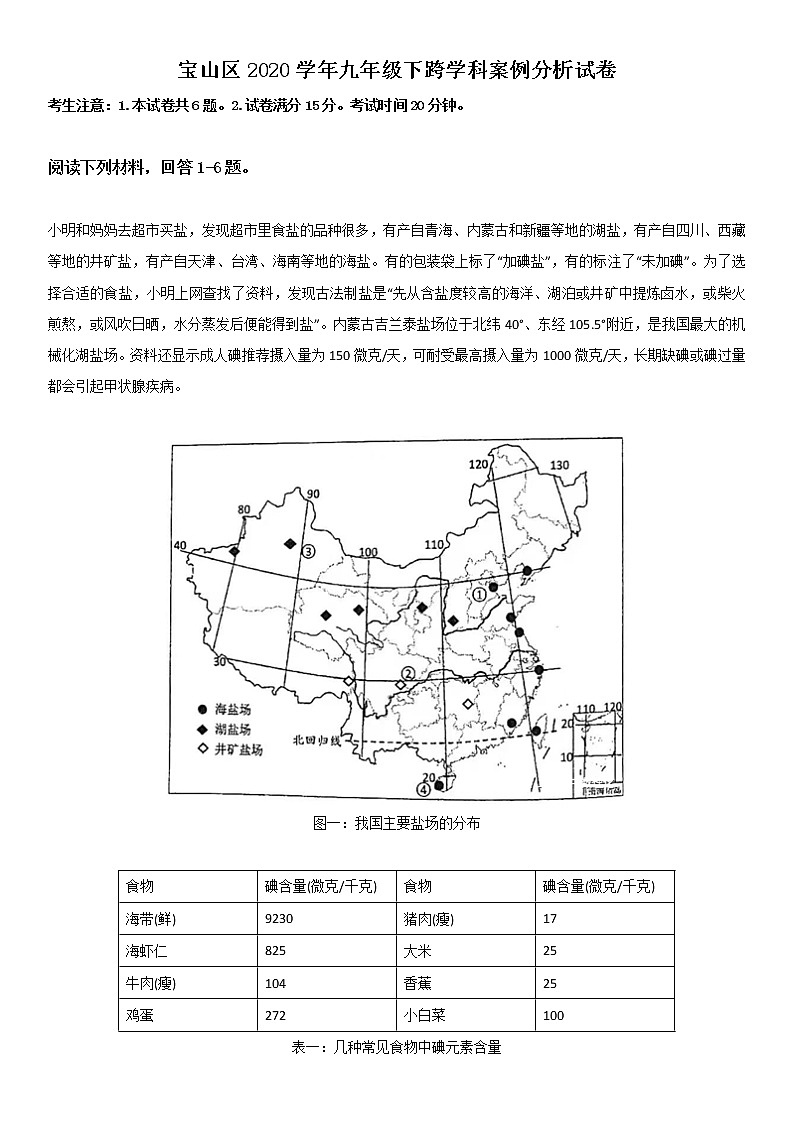 2021年上海市杨浦区初三中考一模跨学科案例分析试卷（含答案）第1页