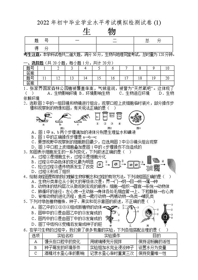 2022年湖南省张家界市初中毕业学业水平模拟检测（一）（一模）生物试题（含答案）01