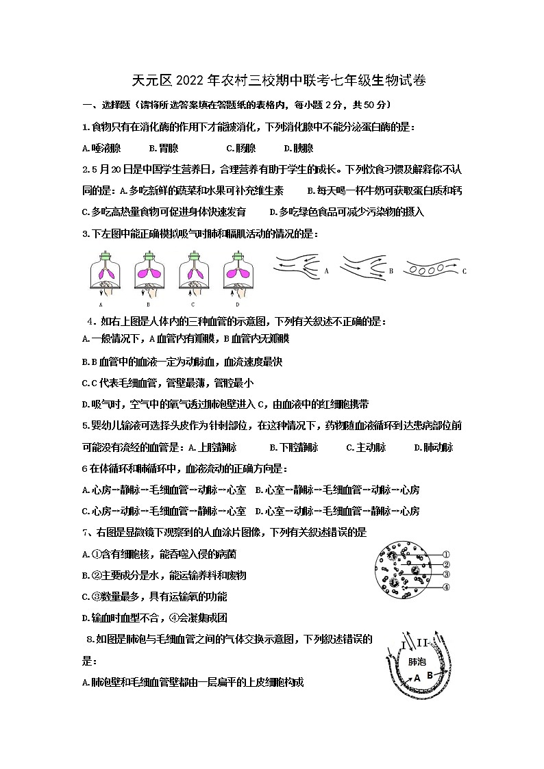 湖南省株洲市天元区农村三校2021-2022学年七年级下学期期中生物试题附答案01