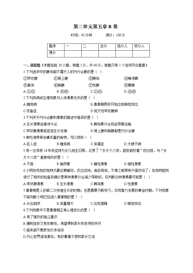 冀少版七年级下册生物单元测试AB卷 第二单元第五章B卷第1页