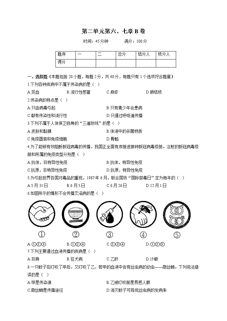 冀少版七年级下册生物单元测试AB卷 第二单元第六、七章B卷第1页