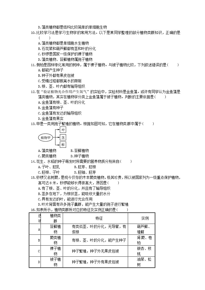 中考生物总复习《生物圈中有哪些绿色植物》实训练习卷(含答案)02