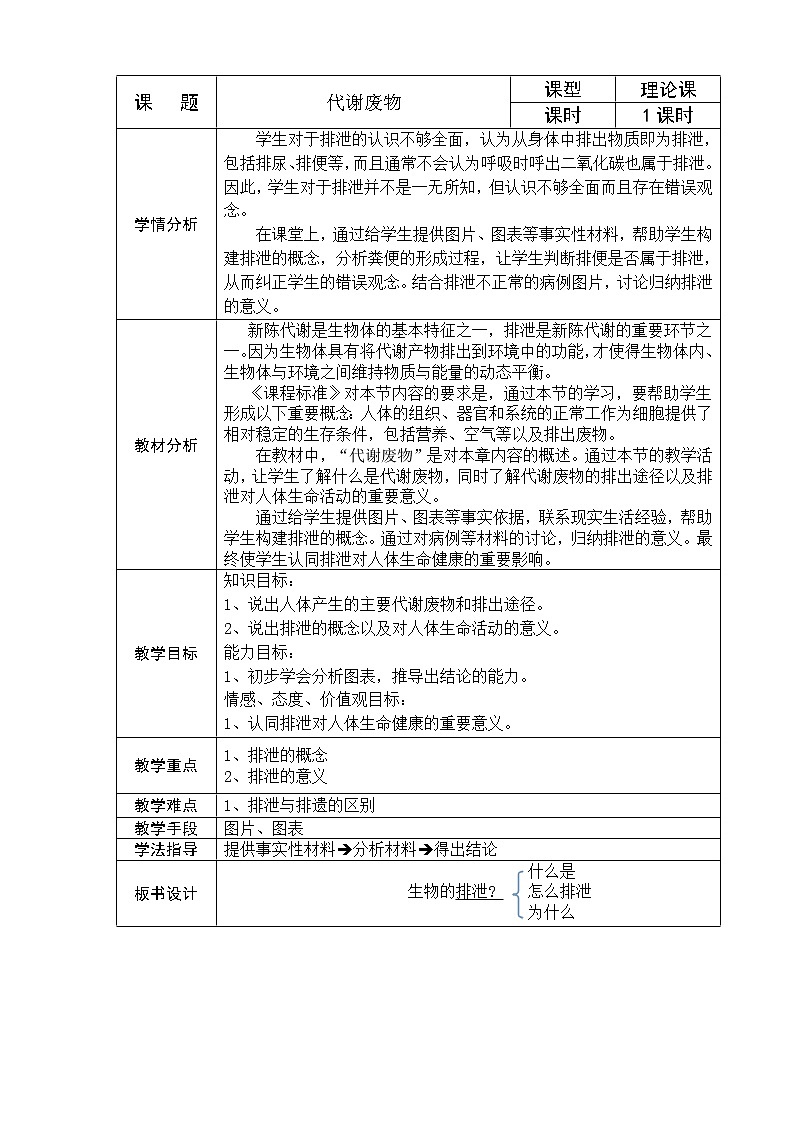 北京版7下生物 7.1代谢废物  教案第1页