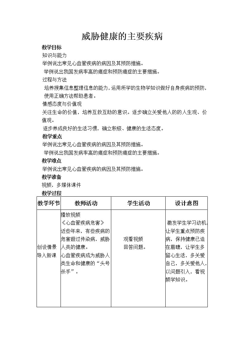 苏教版八下生物 25.2威胁健康的主要疾病  教案第1页