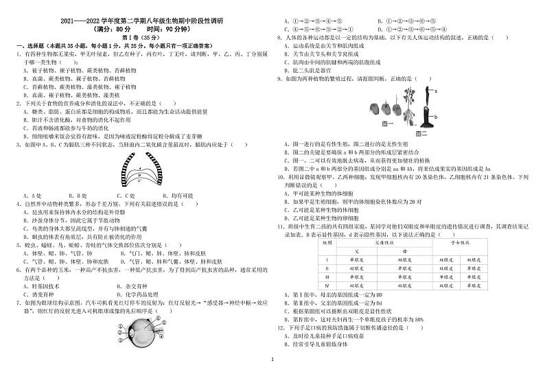 山东省青岛市青岛大学附属中学2021-2022学年八年级下学期一模生物试题01