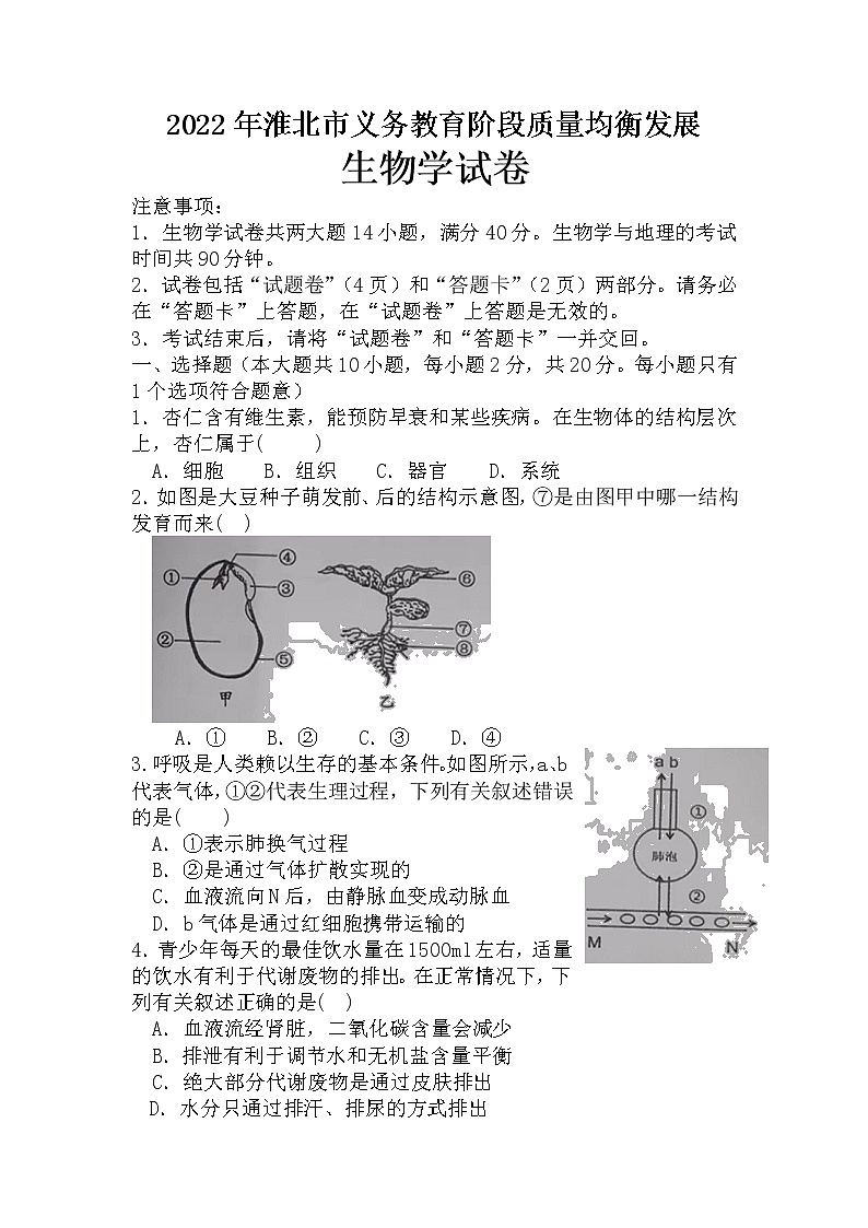 2022年安徽省淮北市义务教育阶段质量均衡发展测试（一模）生物试题01