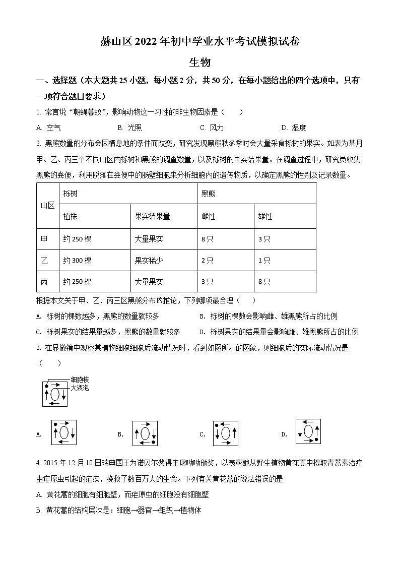2022年湖南省益阳市郝山区中考一模生物试题第1页