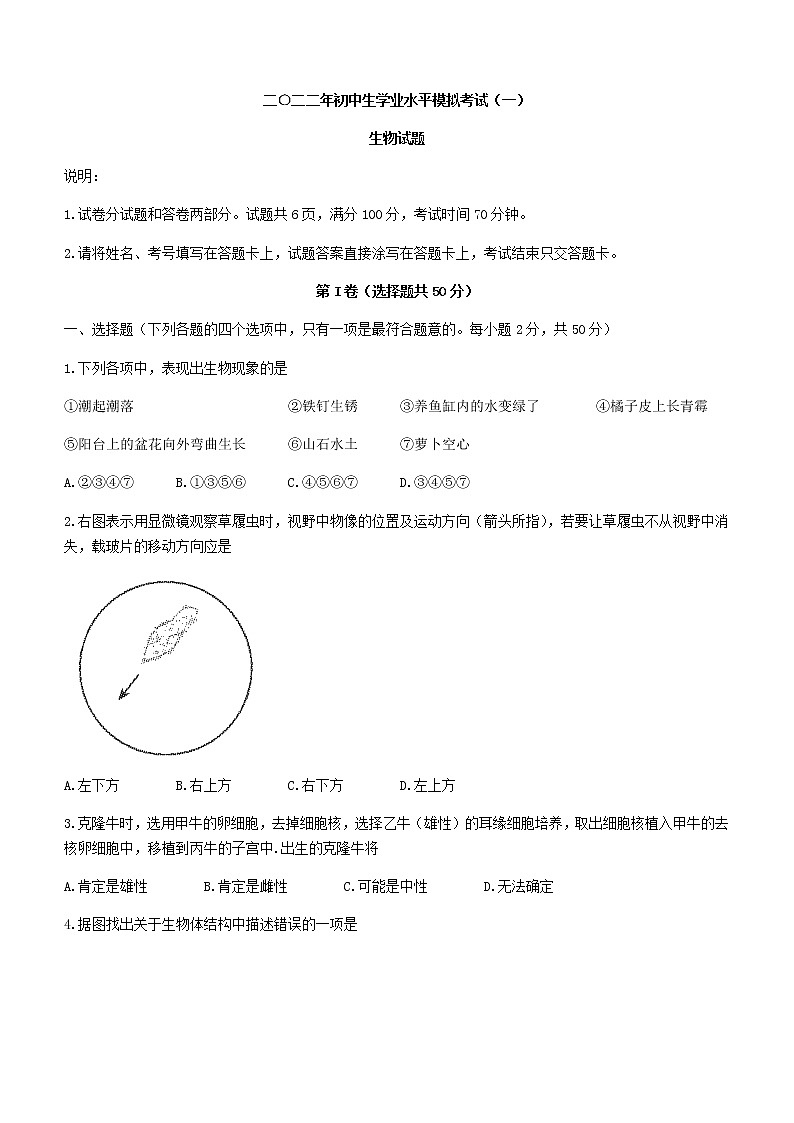 2022年山东省聊城市冠县中考一模生物试题第1页