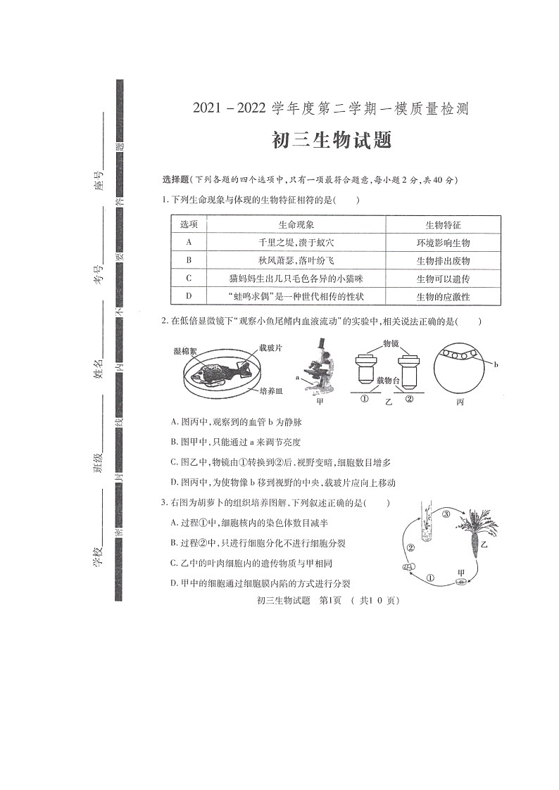 2022年山东省济宁市任城区一模生物试题01