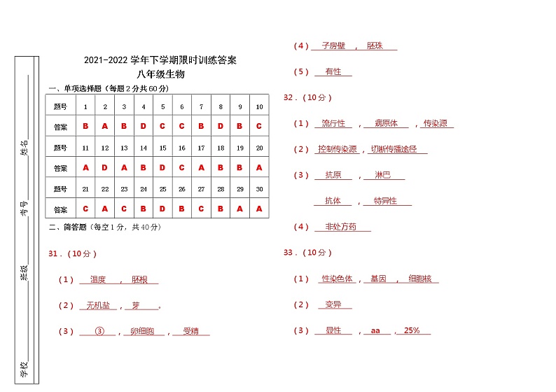 2022年广东省中山市小榄镇中考一模生物试题01