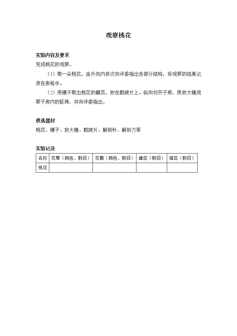 初中生物苏科版七年级实验操作题库-实验23 观察桃花第1页