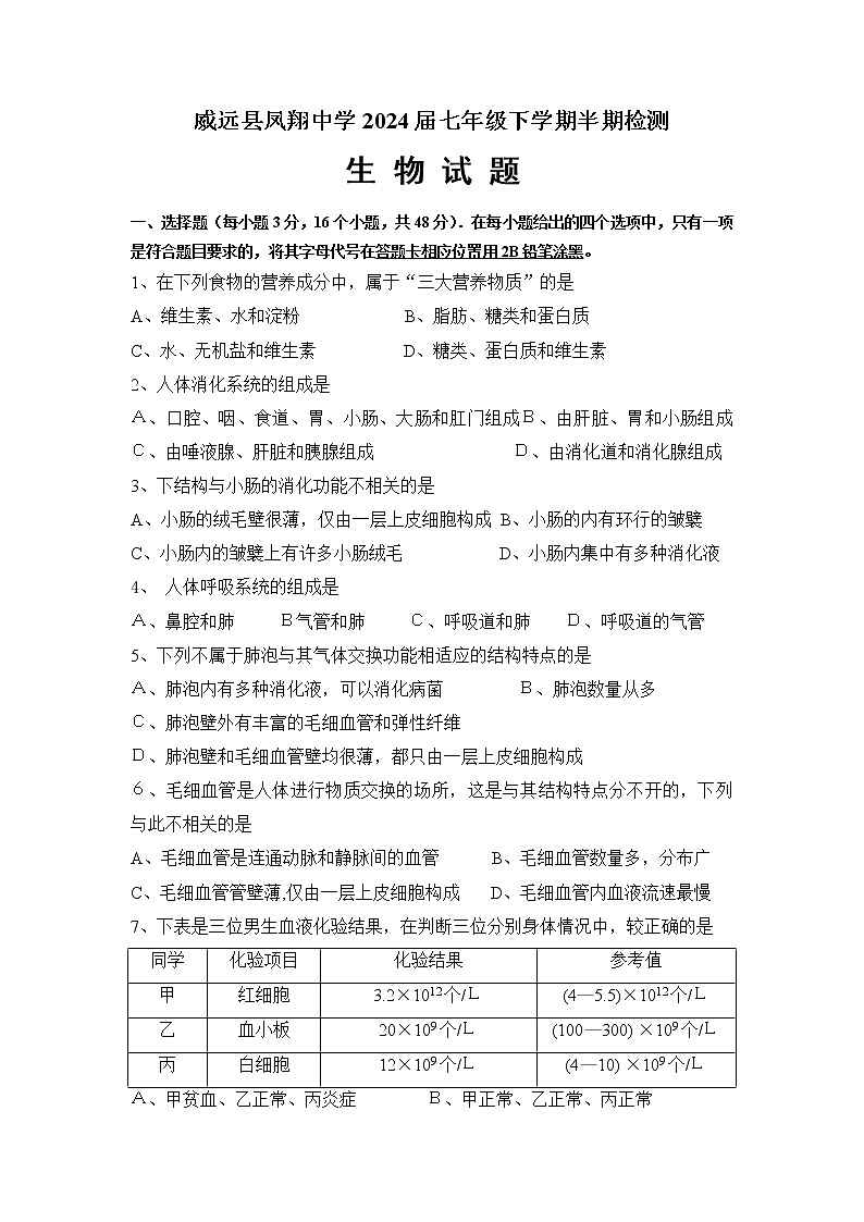 四川省内江市威远县凤翔中学2021-2022学年七年级下学期期中考试生物试题第1页