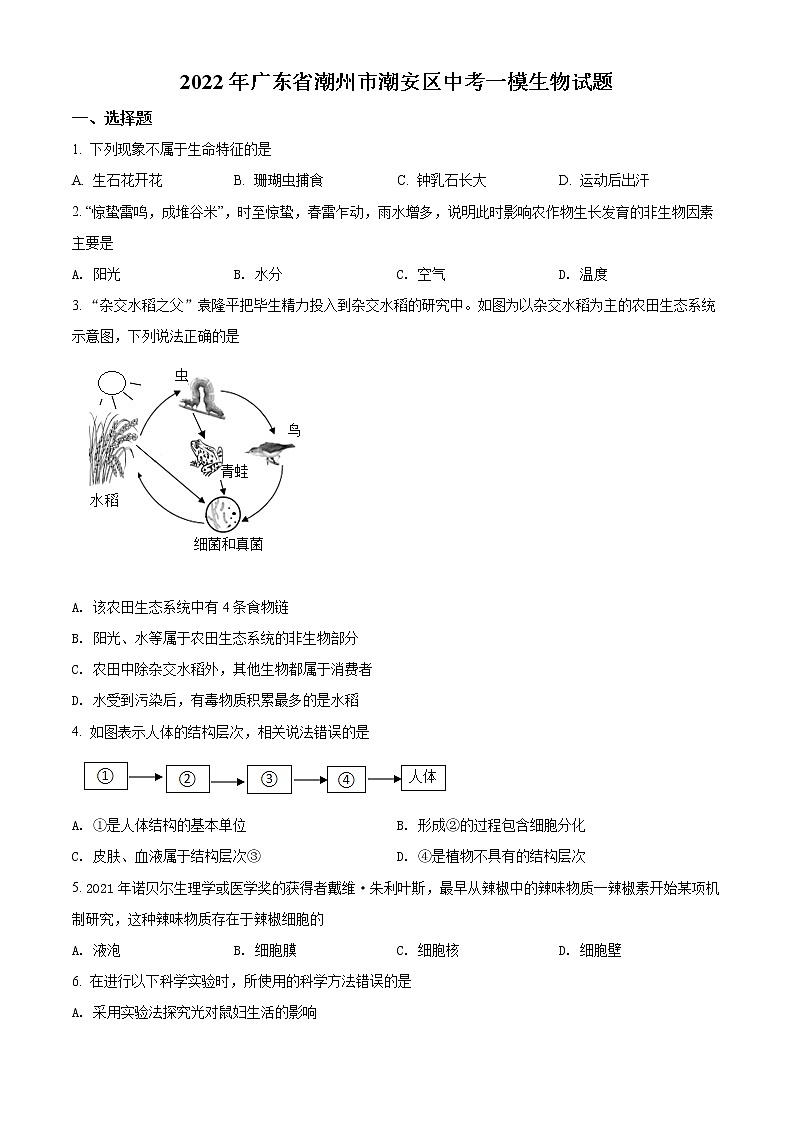 2022年广东省潮州市潮安区中考一模生物试题(word版含答案)01