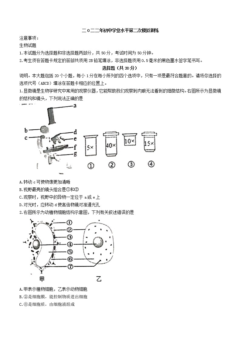 2022年山东省菏泽东明县初三二模生物试题01