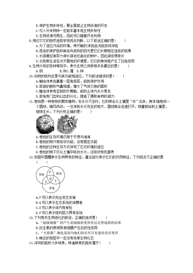 中考生物二轮专题复习《生物分类与生命演化》（含答案）第2页
